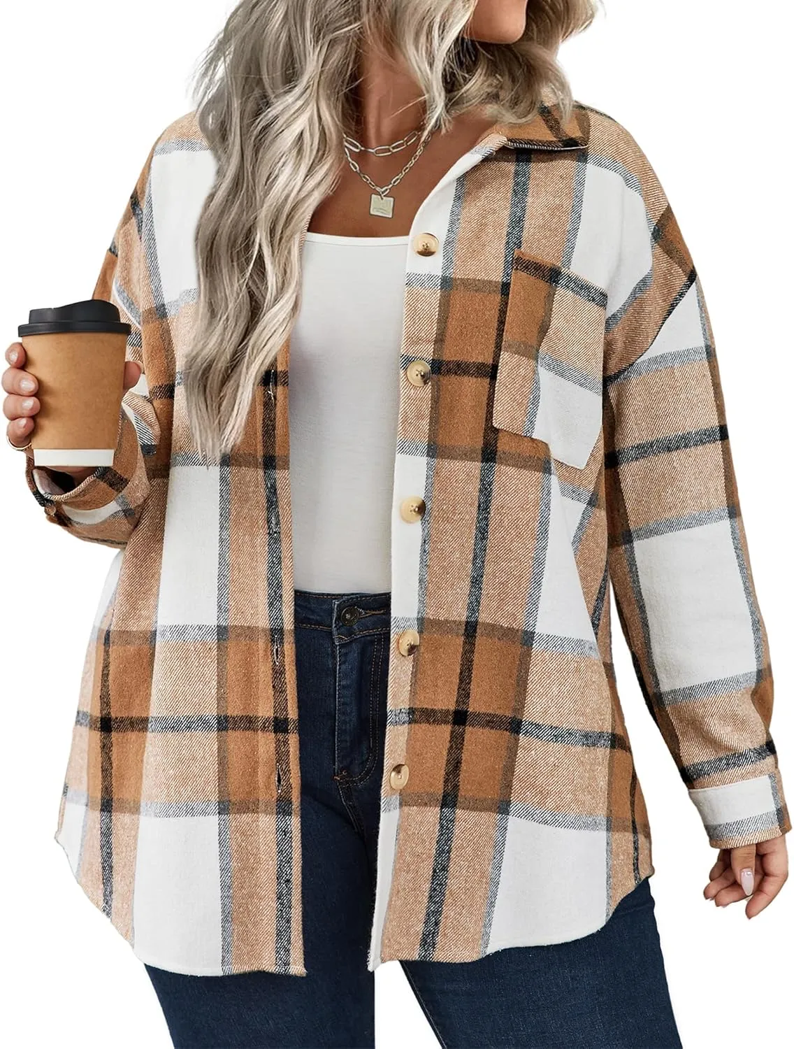 IN'VOLAND Women's Plus Size Plaid Shacket Long Sleeve Button Down Flannel Shirts Casual Jacket Coats