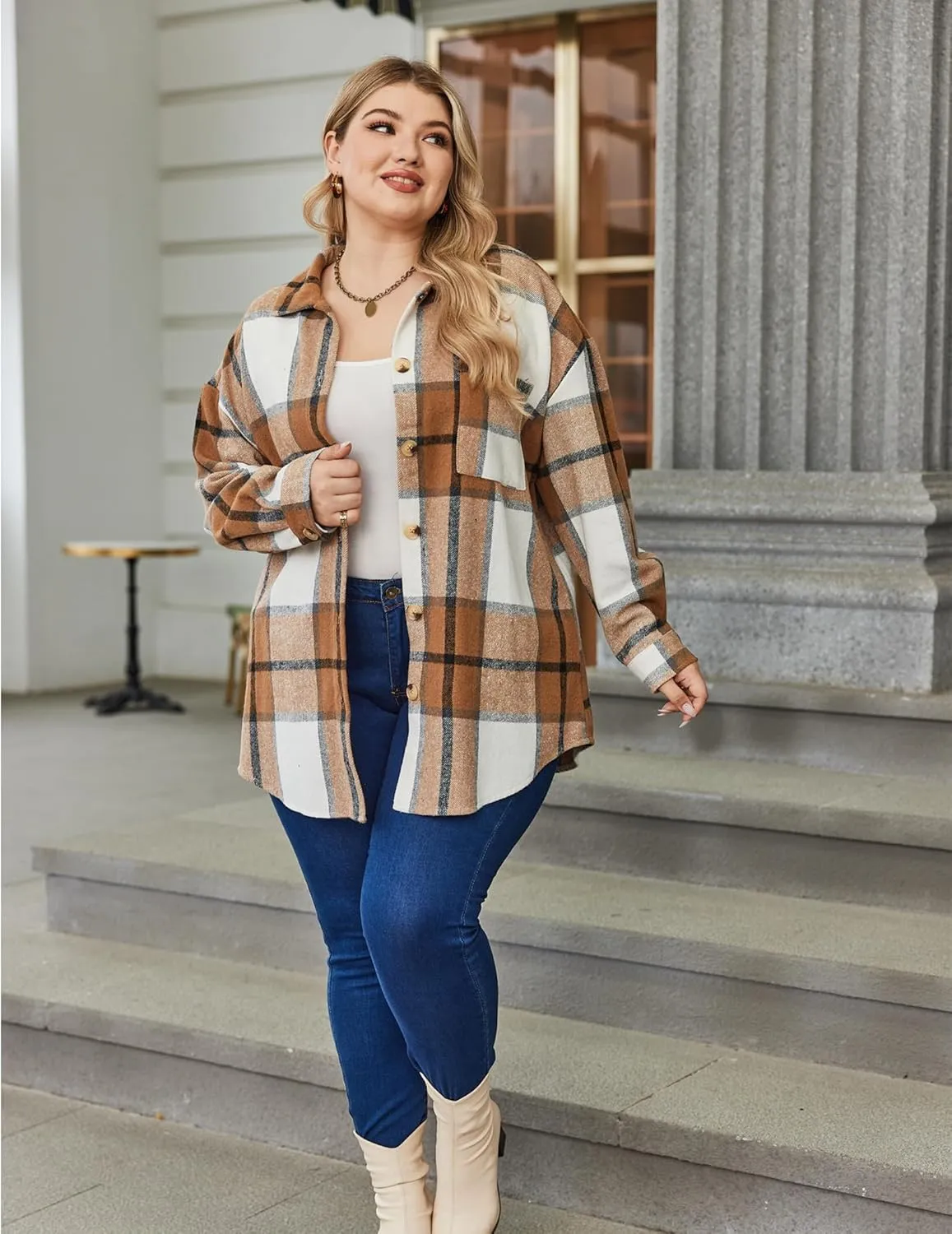 IN'VOLAND Women's Plus Size Plaid Shacket Long Sleeve Button Down Flannel Shirts Casual Jacket Coats