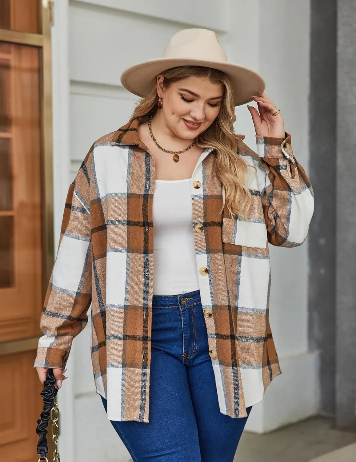 IN'VOLAND Women's Plus Size Plaid Shacket Long Sleeve Button Down Flannel Shirts Casual Jacket Coats