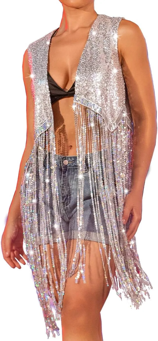 JAKAWIN Fringe Sequin Vest Sparkly Disco Party Rave Jacket for Women BO9246