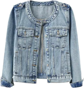 Kedera Women's Denim Jacket Button Down Collarless Long Sleeve Washed Cute Jean Jackets