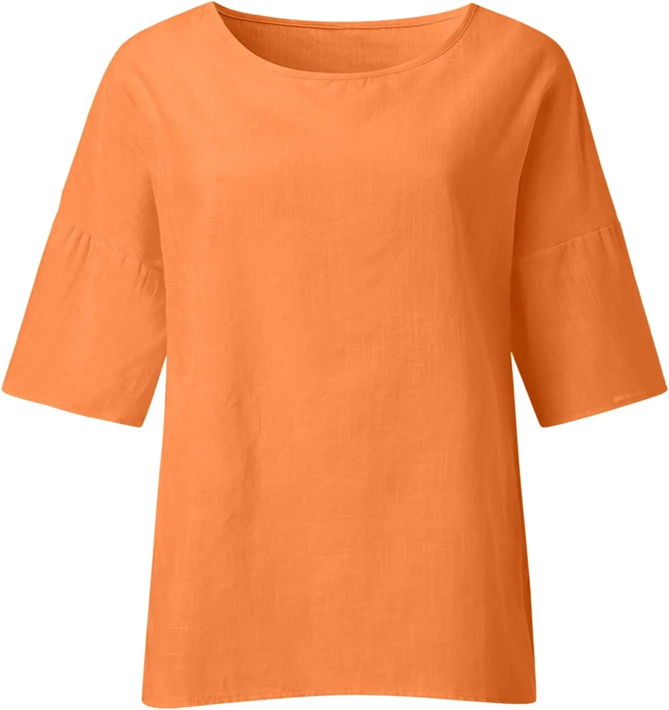 Linen Shirts for Women Solid Color Basic 3/4 Sleeve Tops Summer Casual Round Neck Pullover Blouse Ladies Tunic Tshirt