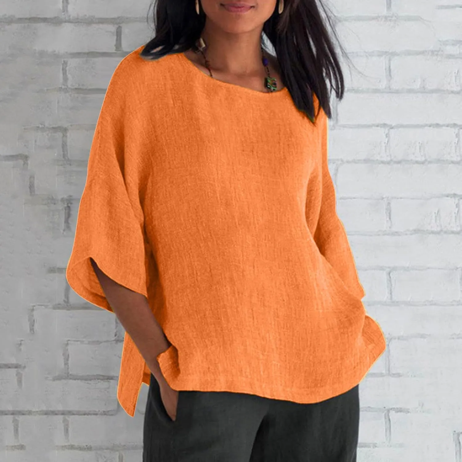 Linen Shirts for Women Solid Color Basic 3/4 Sleeve Tops Summer Casual Round Neck Pullover Blouse Ladies Tunic Tshirt