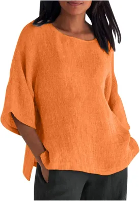 Linen Shirts for Women Solid Color Basic 3/4 Sleeve Tops Summer Casual Round Neck Pullover Blouse Ladies Tunic Tshirt