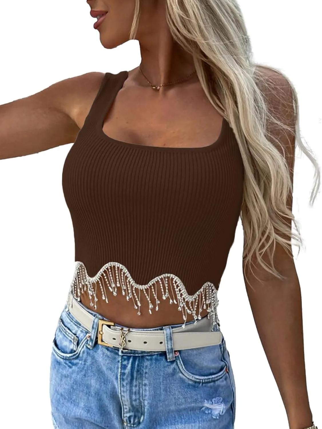 LYANER Women's Rhinestone Fringe Trim Ribbed Knit Square Neck Sleeveless Crop Tank Top