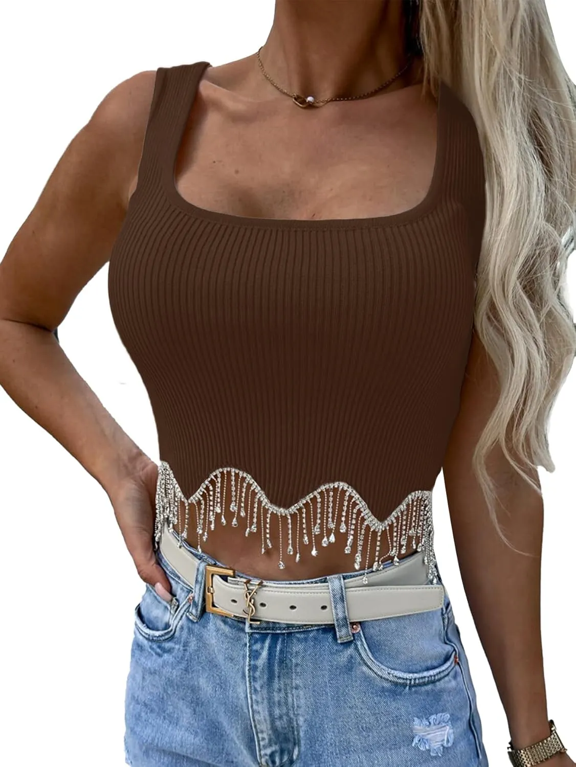LYANER Women's Rhinestone Fringe Trim Ribbed Knit Square Neck Sleeveless Crop Tank Top