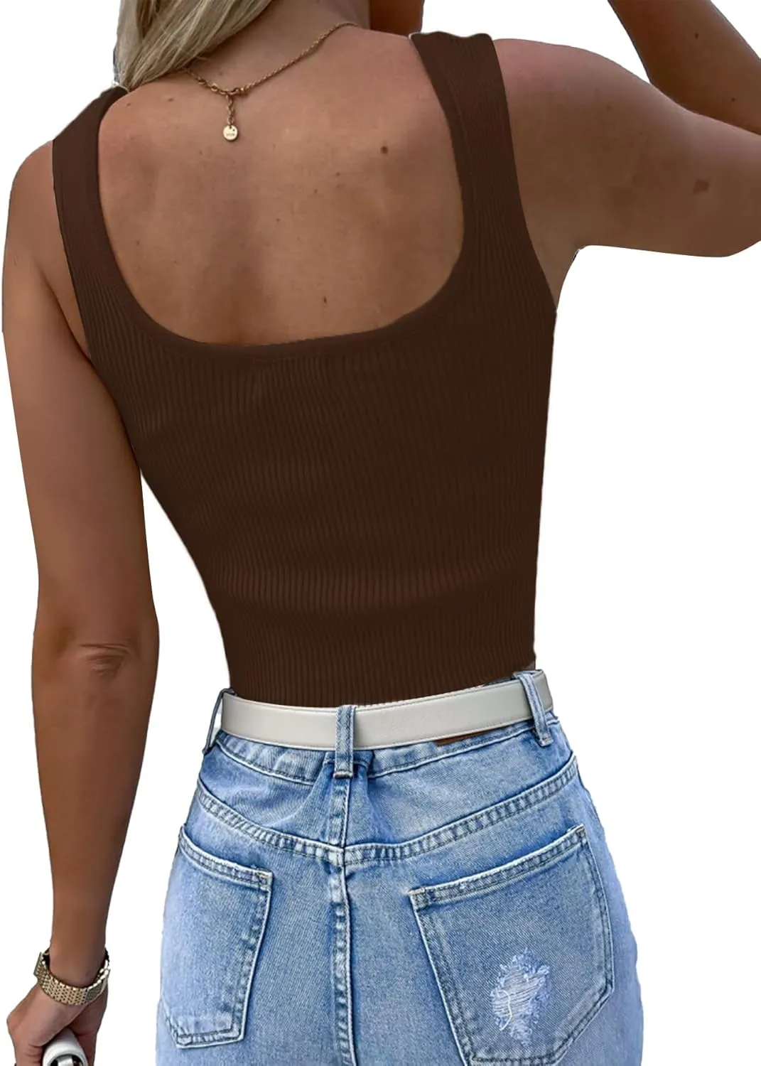 LYANER Women's Rhinestone Fringe Trim Ribbed Knit Square Neck Sleeveless Crop Tank Top