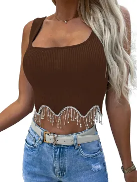 LYANER Women's Rhinestone Fringe Trim Ribbed Knit Square Neck Sleeveless Crop Tank Top