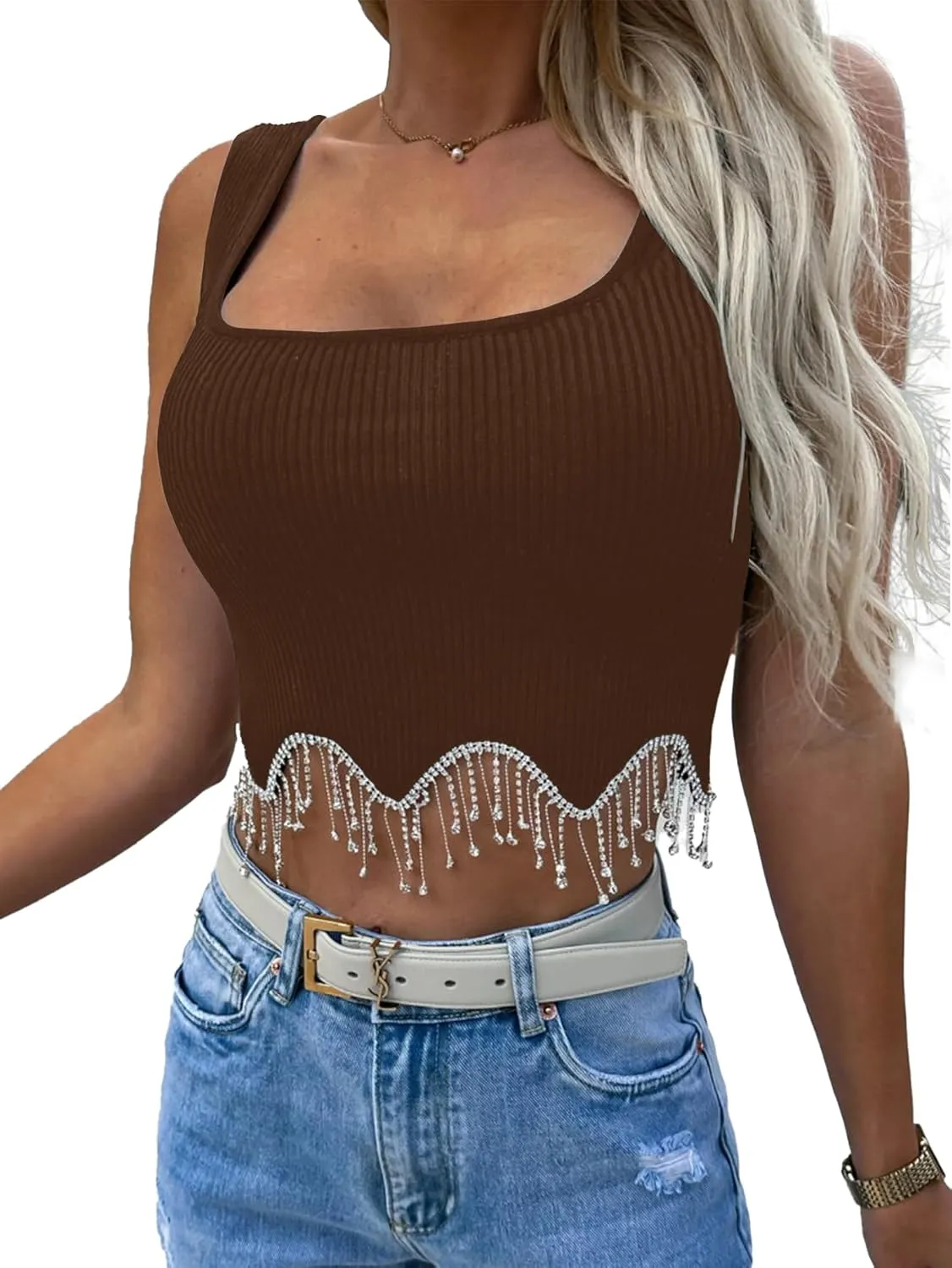 LYANER Women's Rhinestone Fringe Trim Ribbed Knit Square Neck Sleeveless Crop Tank Top