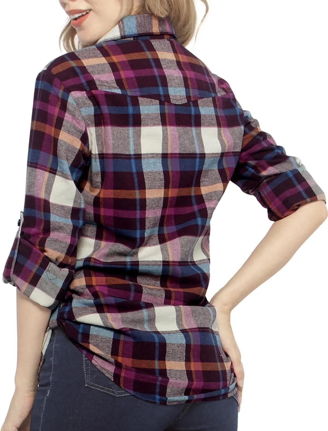 Match Womens Button Down Flannel Plaid Shirts roll up Long Sleeve Shackets Business Blouse Top