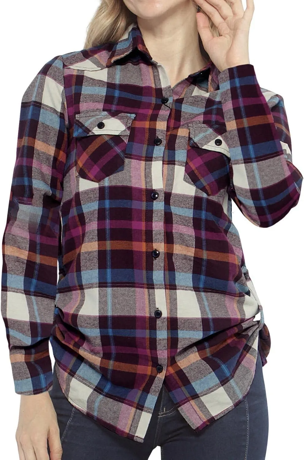 Match Womens Button Down Flannel Plaid Shirts roll up Long Sleeve Shackets Business Blouse Top
