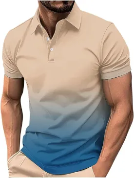 Mens Casual Polo Shirts Gradient Color Button up Short Sleeve T-Shirt Novelty Summer Fitness Gym Athletic Active Tops