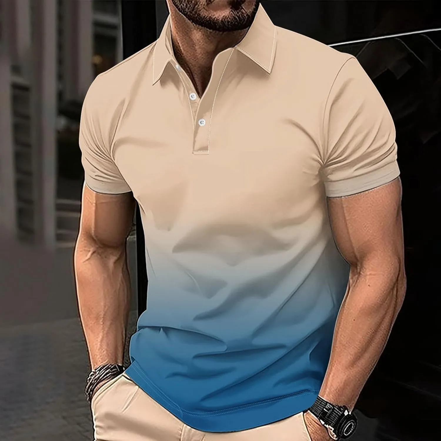 Mens Casual Polo Shirts Gradient Color Button up Short Sleeve T-Shirt Novelty Summer Fitness Gym Athletic Active Tops