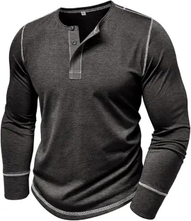 Men's Henley Shirts Cotton Button Down Shirts Long Sleeve Pullover Shirts Casual Stylish Solid Baggy Shirts