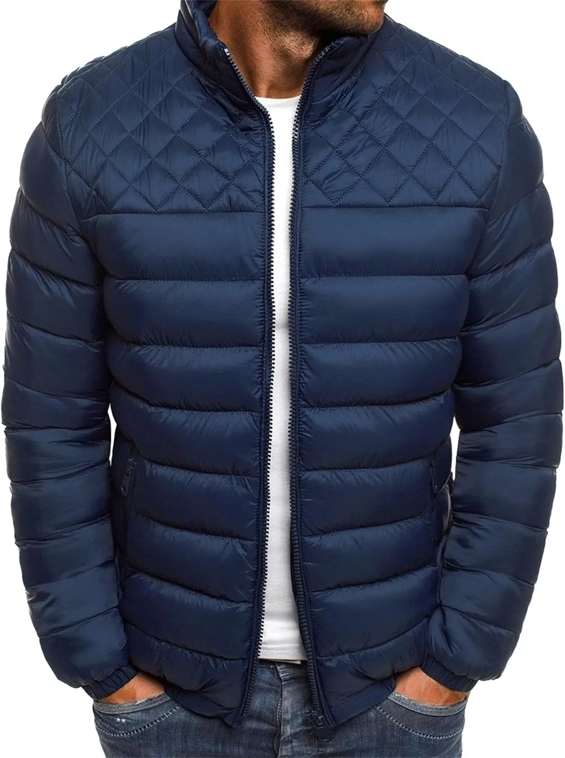 Mens Stand Collar Bomber Jackets Diamond Quilted Jacket Rib Varsity Coat Windproof Winter Warm Padded Coats Outwear