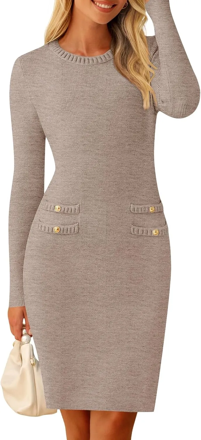 MEROKEETY Women's Long Sleeve Sweater Dress Crew Neck Work Party Vintage Knit Bodycon Short Dresses