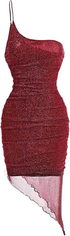 Milumia Women's One Shoulder Ruched Bodycon Dress Mesh Sheer Sleeveless Asymmetrical Dresses