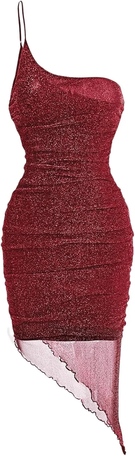 Milumia Women's One Shoulder Ruched Bodycon Dress Mesh Sheer Sleeveless Asymmetrical Dresses