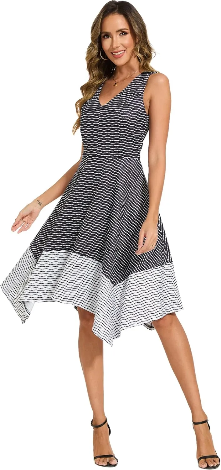 Moss Rose Women's Summer Casual Dress Fashion V Neck Sleeveless Midi Dresses with Asymmetrical Hem