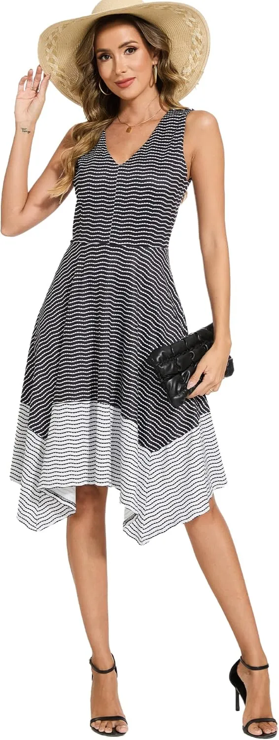 Moss Rose Women's Summer Casual Dress Fashion V Neck Sleeveless Midi Dresses with Asymmetrical Hem