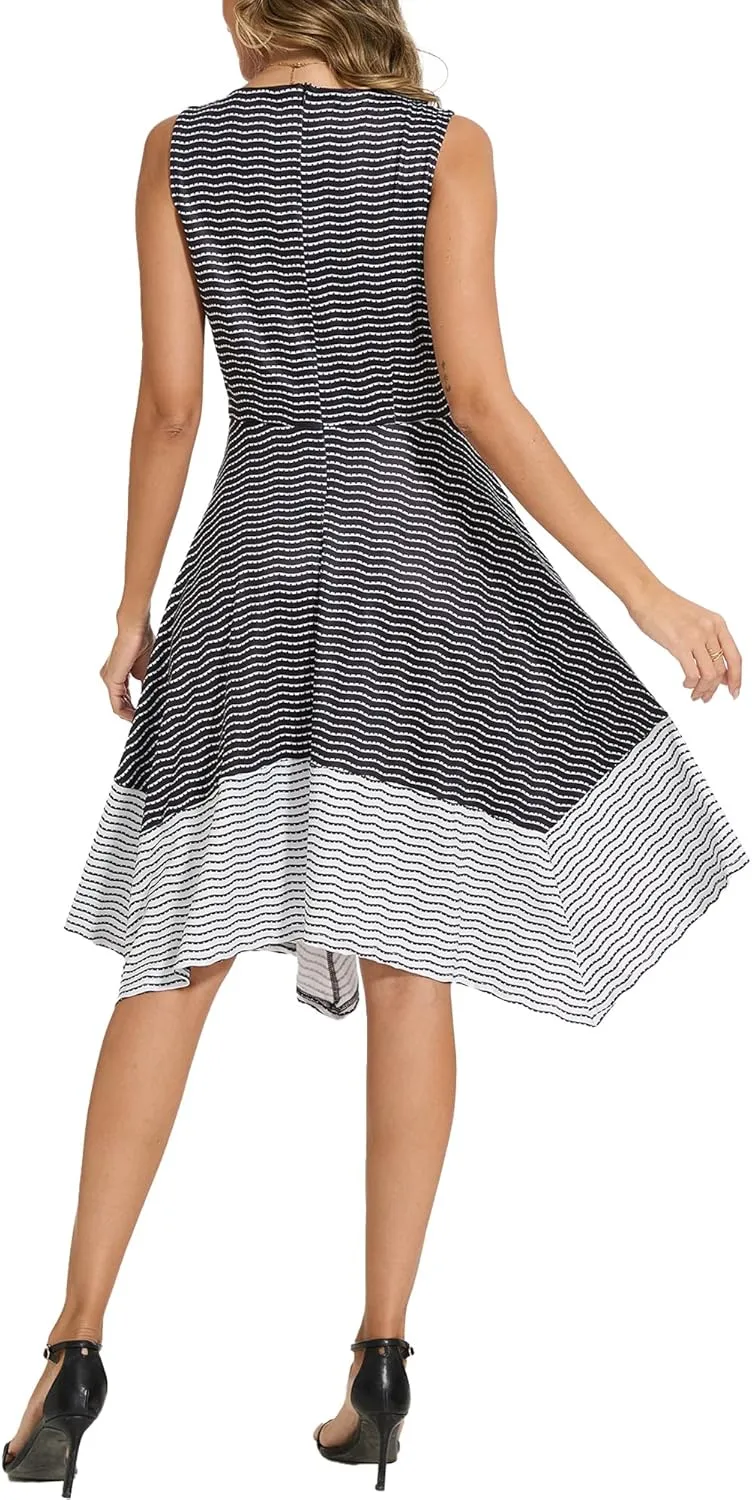 Moss Rose Women's Summer Casual Dress Fashion V Neck Sleeveless Midi Dresses with Asymmetrical Hem