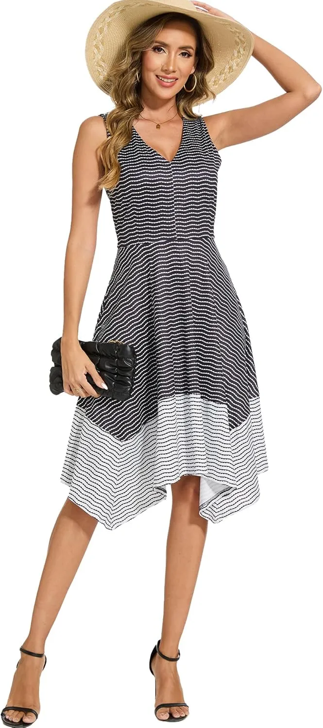 Moss Rose Women's Summer Casual Dress Fashion V Neck Sleeveless Midi Dresses with Asymmetrical Hem