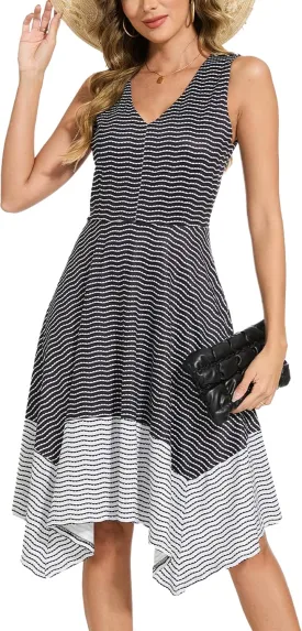 Moss Rose Women's Summer Casual Dress Fashion V Neck Sleeveless Midi Dresses with Asymmetrical Hem
