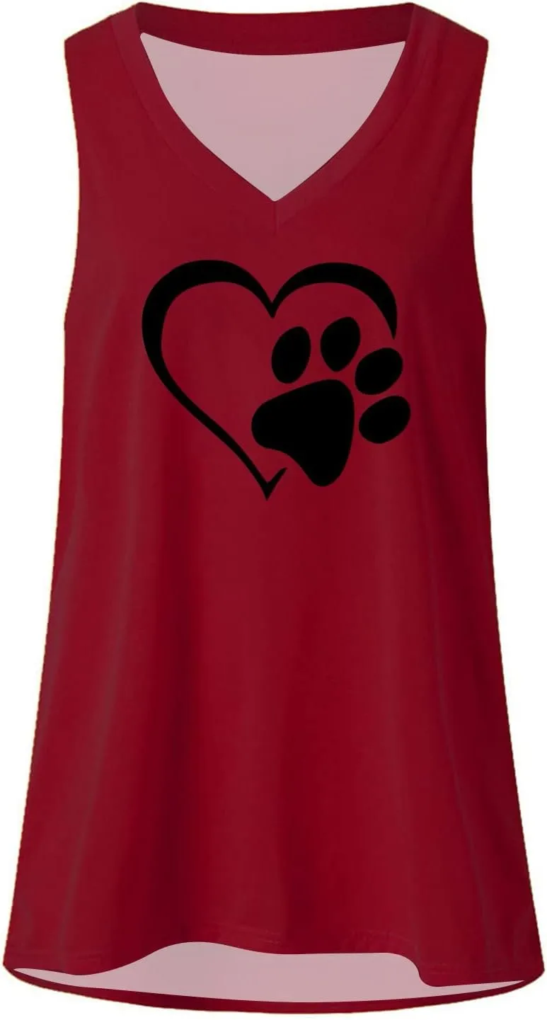 Mzkdieey Women's Dog Paw Love Heart Tank Tops Dog Lover Shirts Cute Dog Mom Tops Summer Casual Sleeveless V Neck T-Shirt