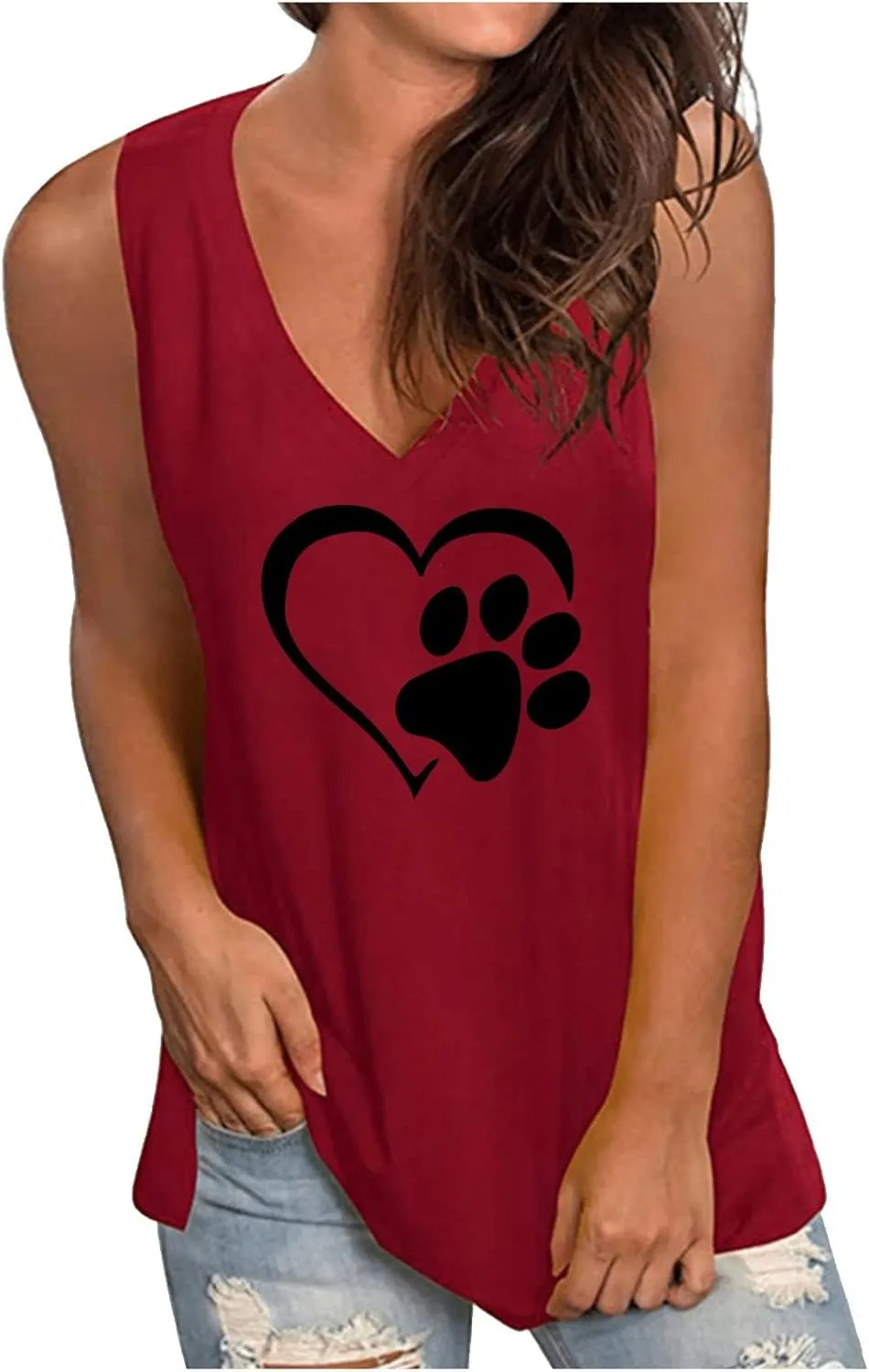 Mzkdieey Women's Dog Paw Love Heart Tank Tops Dog Lover Shirts Cute Dog Mom Tops Summer Casual Sleeveless V Neck T-Shirt
