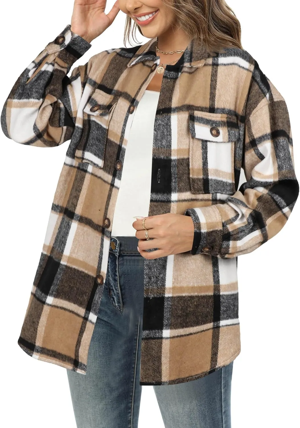 NIeyook Women's Casual Plaid Flannel Shacket Jacket Oversized Button Down Long Sleeve Fall Shirts Jacket Lapel Coats Tops