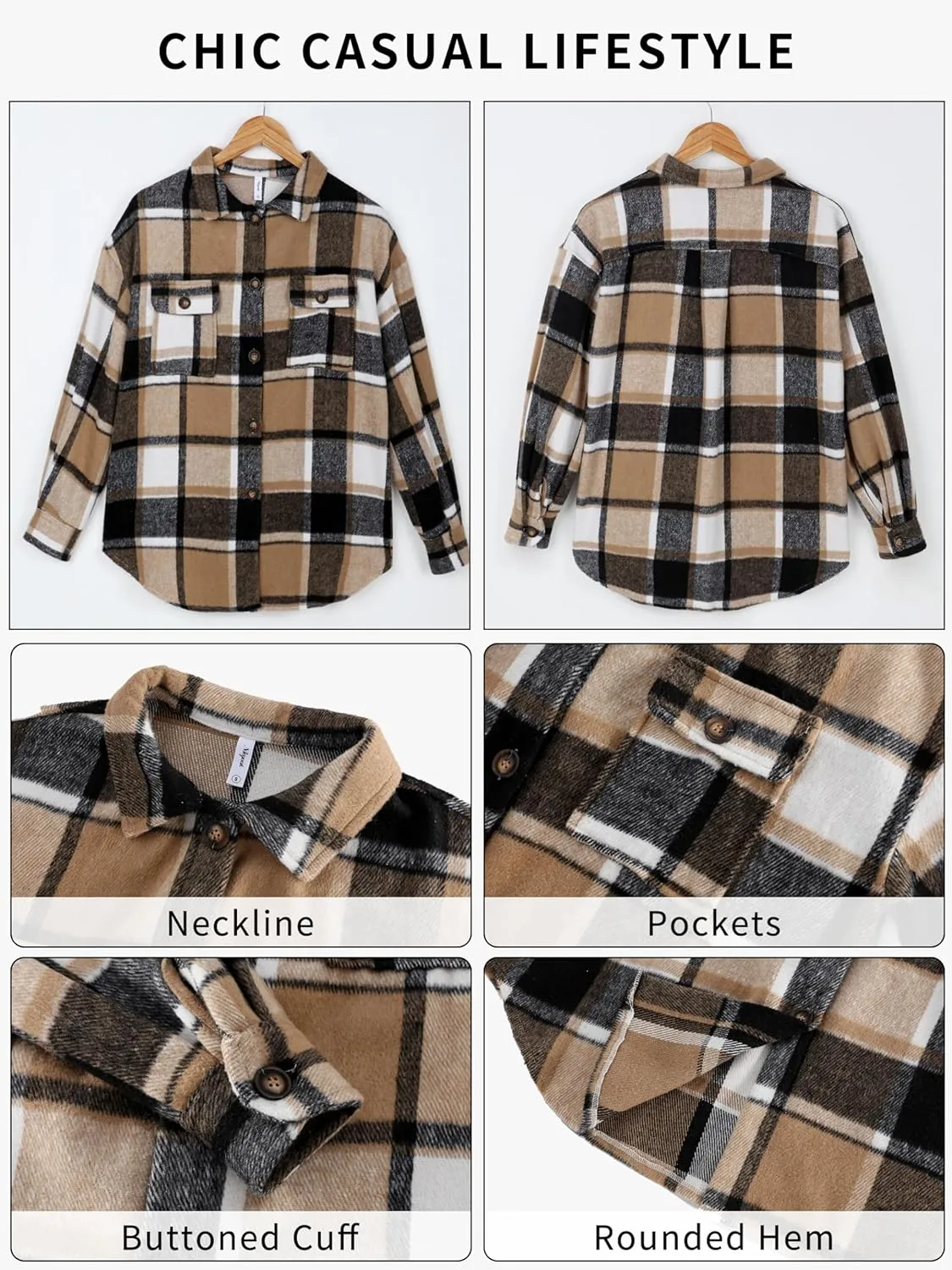 NIeyook Women's Casual Plaid Flannel Shacket Jacket Oversized Button Down Long Sleeve Fall Shirts Jacket Lapel Coats Tops
