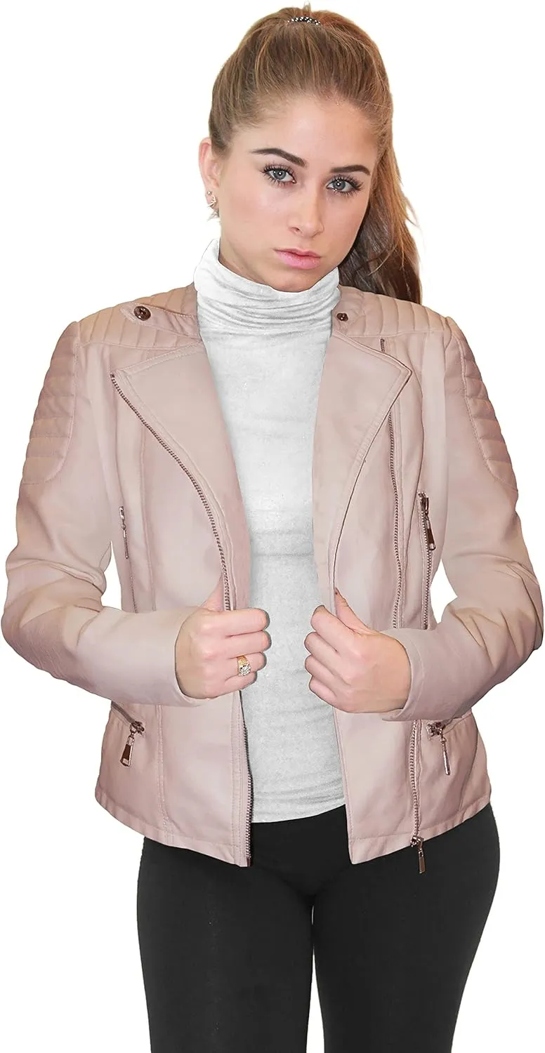 Olivia Miller Womens Faux Leather Zip Up Moto Biker Jacket