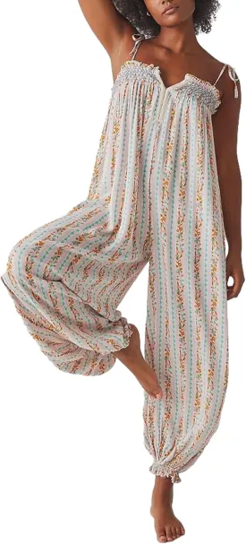 Owl's-Yard Women 's Loose Sleeveles Jumpsuits Retro Floral Print Adjustable Spaghetti Strap Baggy Long Pant Romper Jumpsuit