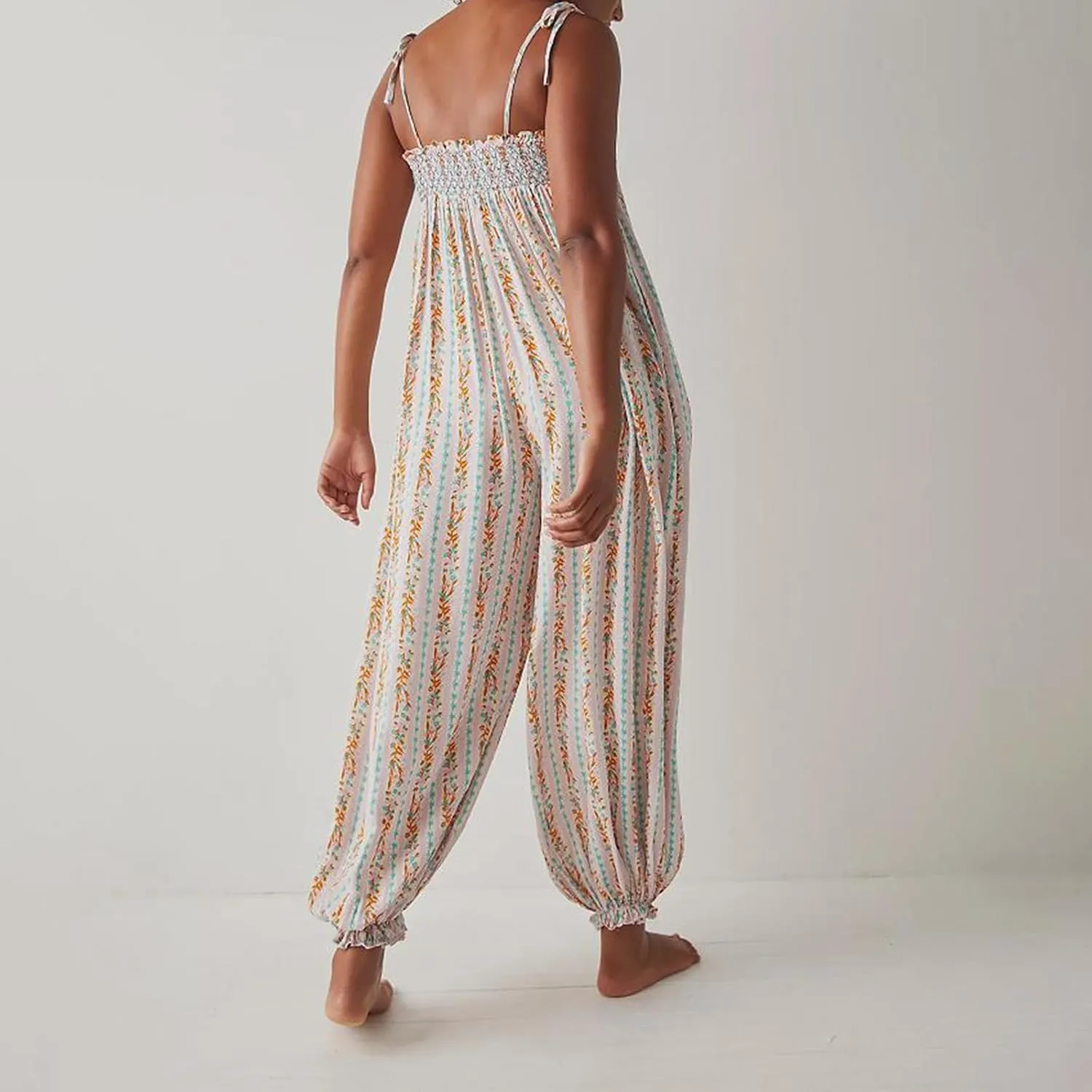 Owl's-Yard Women 's Loose Sleeveles Jumpsuits Retro Floral Print Adjustable Spaghetti Strap Baggy Long Pant Romper Jumpsuit