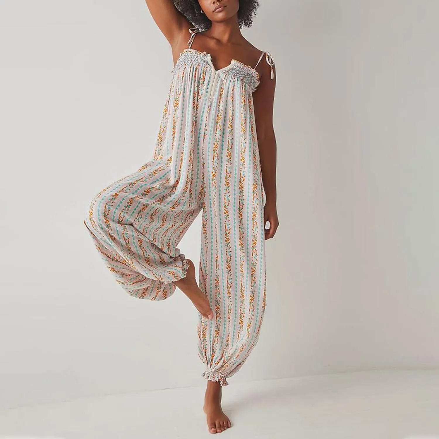 Owl's-Yard Women 's Loose Sleeveles Jumpsuits Retro Floral Print Adjustable Spaghetti Strap Baggy Long Pant Romper Jumpsuit