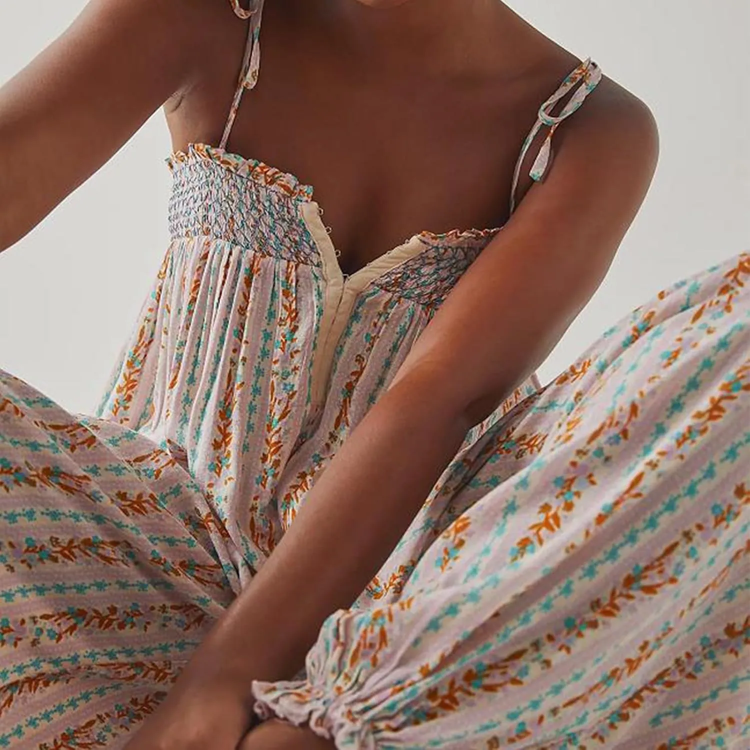Owl's-Yard Women 's Loose Sleeveles Jumpsuits Retro Floral Print Adjustable Spaghetti Strap Baggy Long Pant Romper Jumpsuit