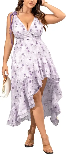 Plus Size Sleeveless Floral Dress for Women Cocktail Wedding Guest Beach Tie Ruffle Flowy Midi Sundresses