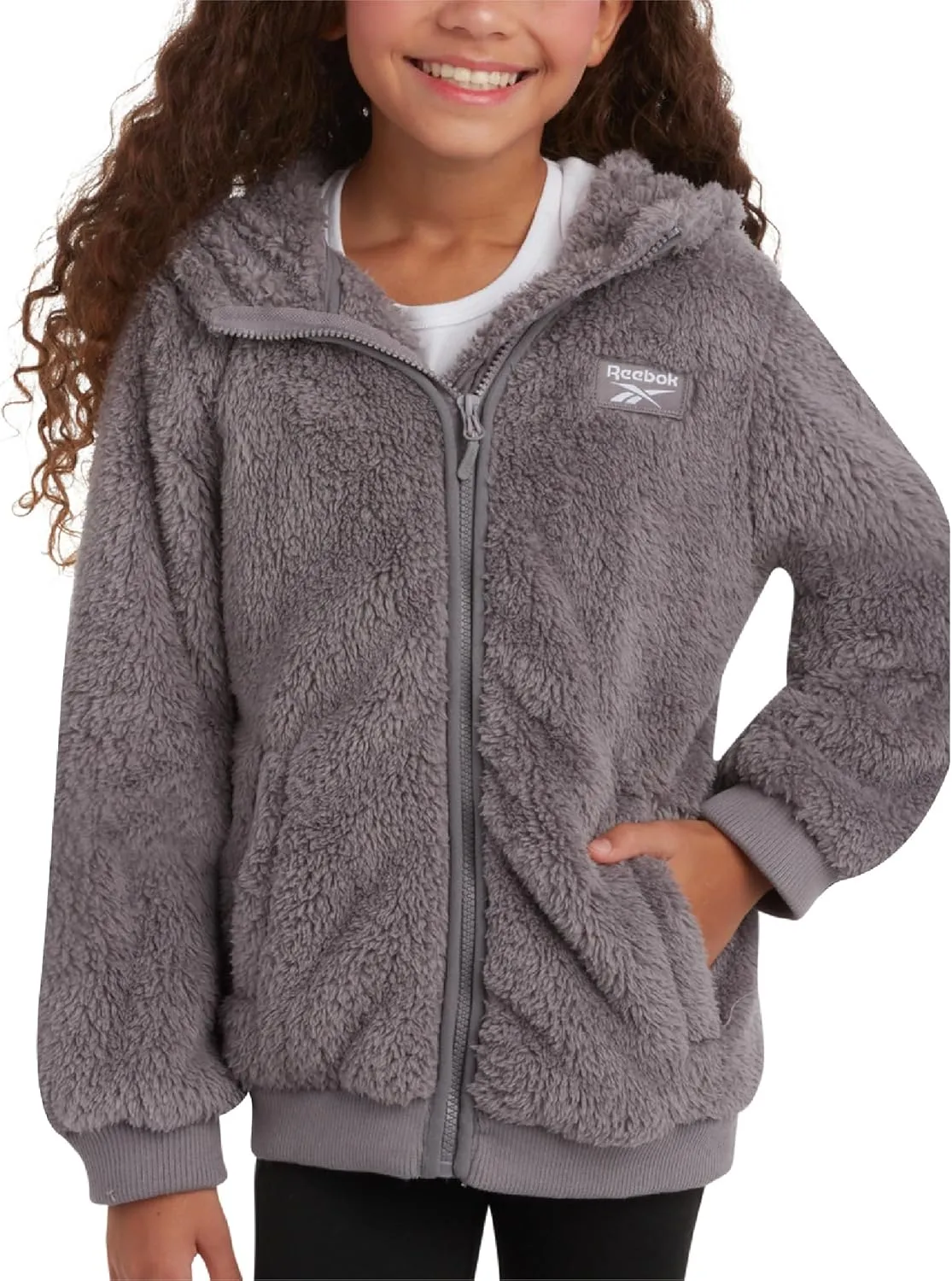 Reebok Girls Fleece Jacket  Full Zip Faux Fur Teddy Coat  Sherpa Fleece Hooded Sweatshirt Jacket for Girls (7-16)