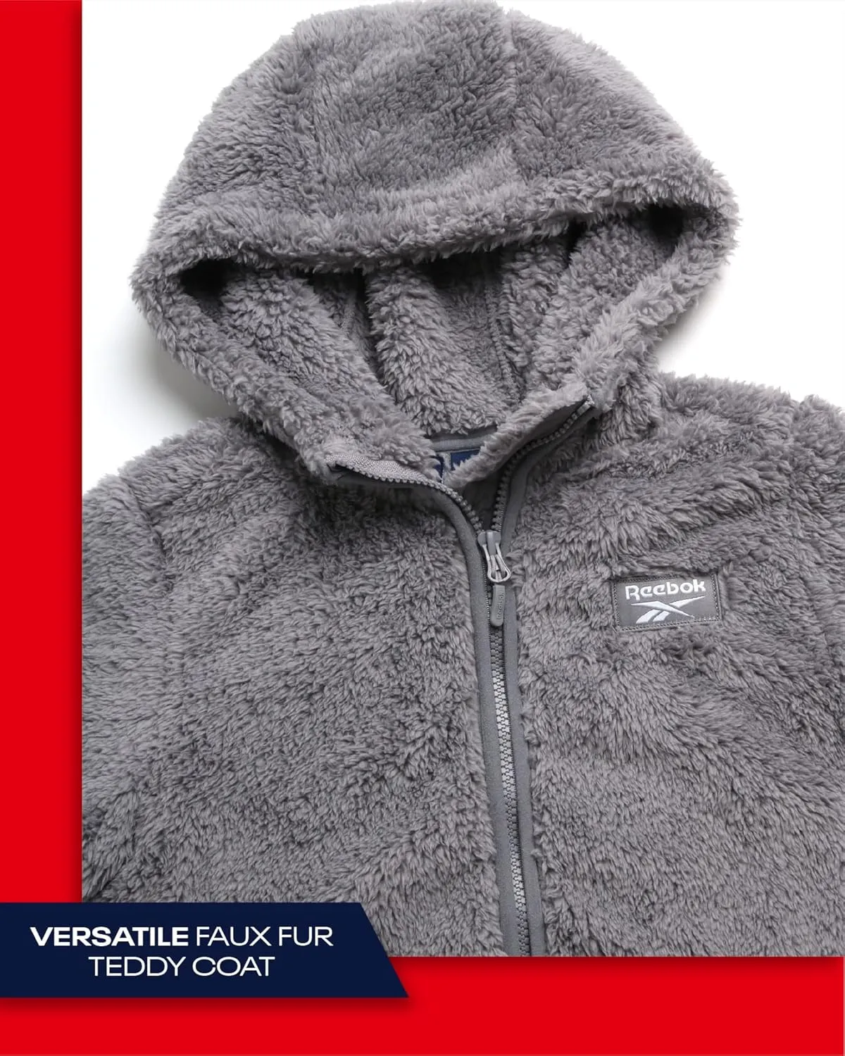 Reebok Girls Fleece Jacket  Full Zip Faux Fur Teddy Coat  Sherpa Fleece Hooded Sweatshirt Jacket for Girls (7-16)