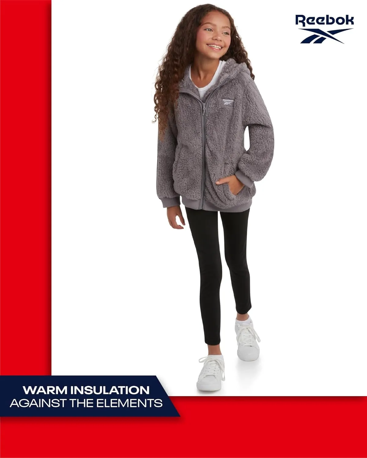 Reebok Girls Fleece Jacket  Full Zip Faux Fur Teddy Coat  Sherpa Fleece Hooded Sweatshirt Jacket for Girls (7-16)