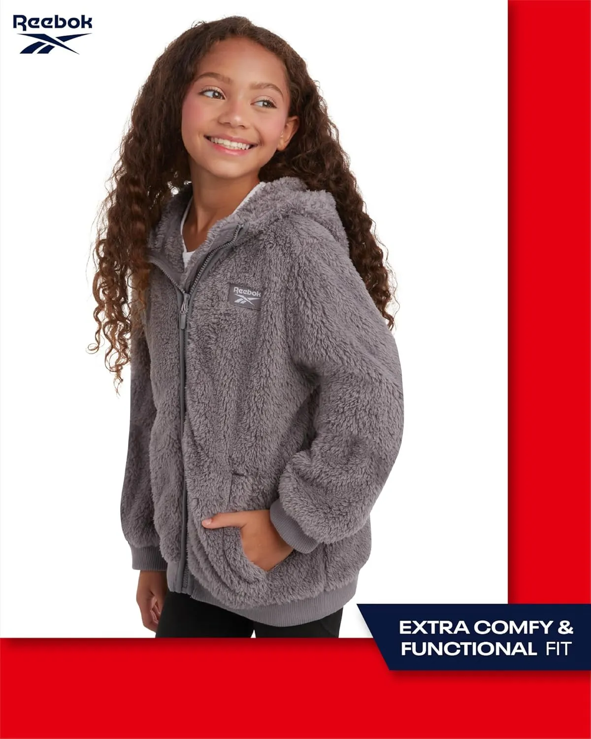 Reebok Girls Fleece Jacket  Full Zip Faux Fur Teddy Coat  Sherpa Fleece Hooded Sweatshirt Jacket for Girls (7-16)