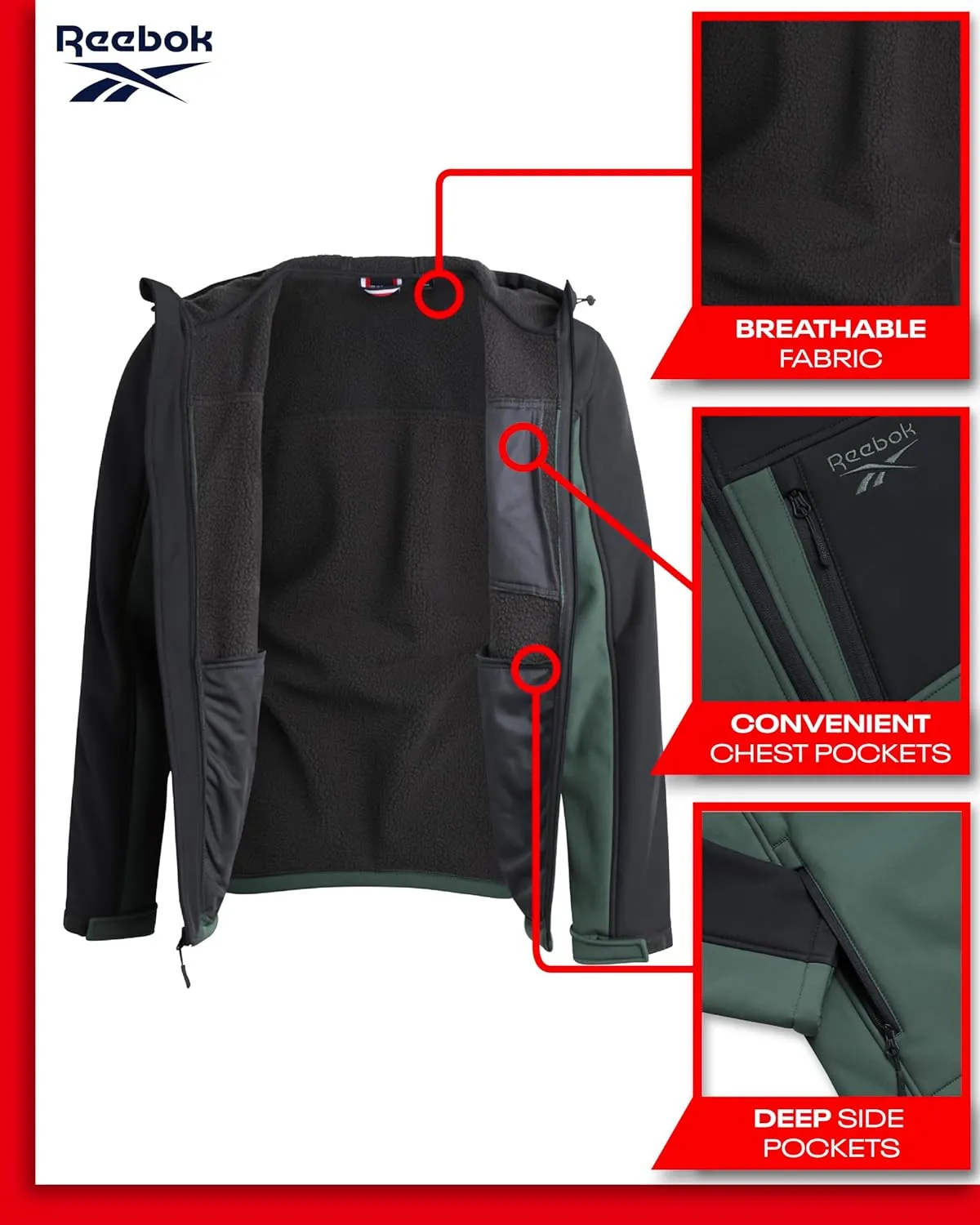 Reebok Men's Jacket - Weather Resistant Fleece Lined Softshell Jacket Coat - Lightweight Casual Coat for Men (M-XXL)