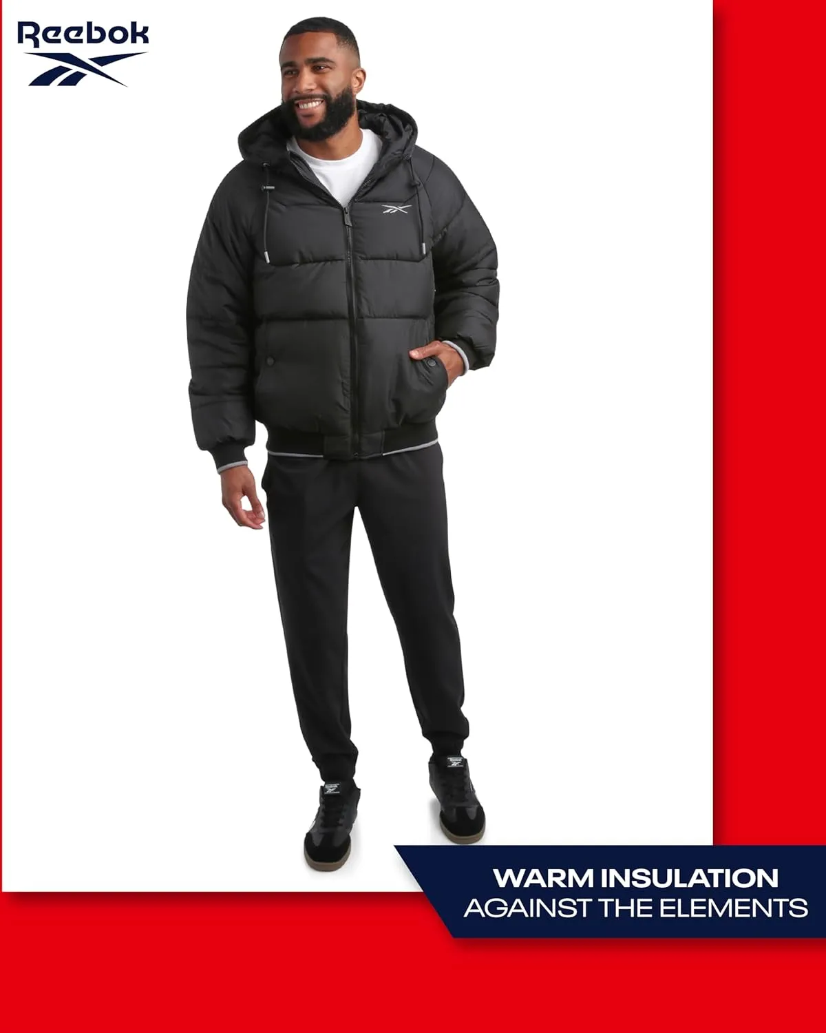 Reebok Men's Puffer Jacket - Heavyweight Weather Resistant Quilted Puffer Coat Rib Cuff - Ski Jackets for Men (Sizes: M-XXL)