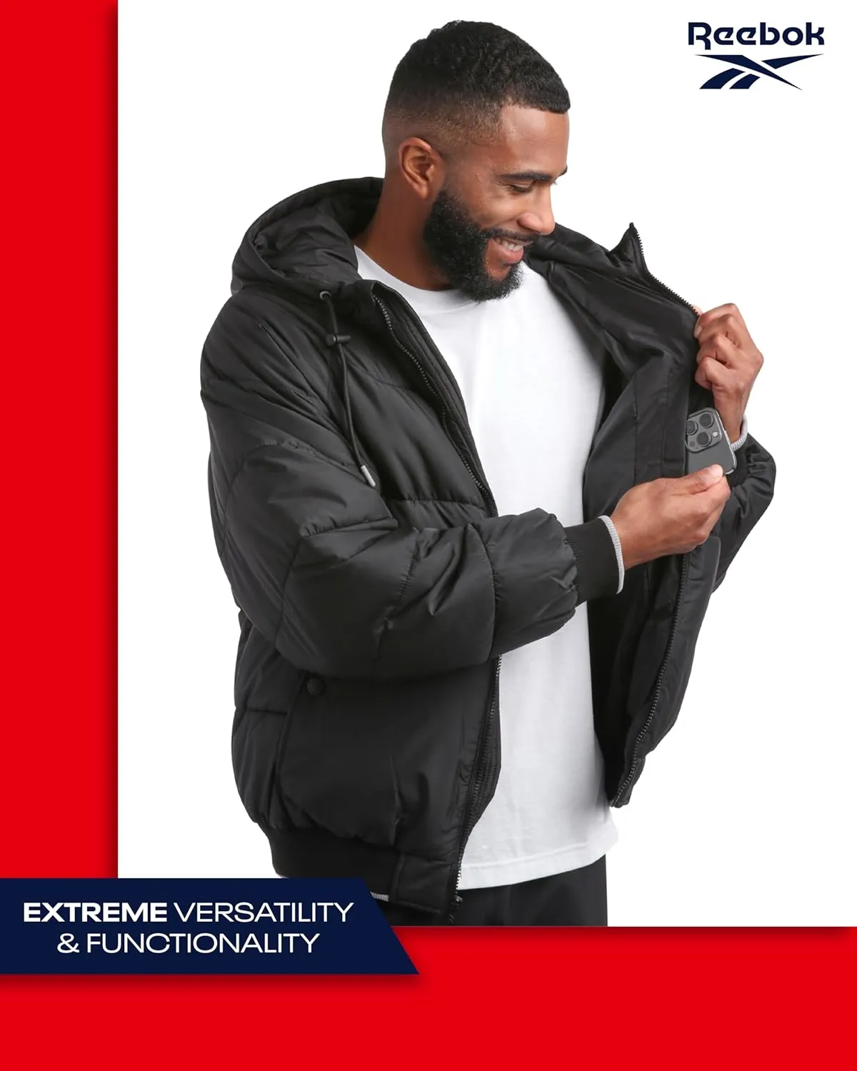 Reebok Men's Puffer Jacket - Heavyweight Weather Resistant Quilted Puffer Coat Rib Cuff - Ski Jackets for Men (Sizes: M-XXL)