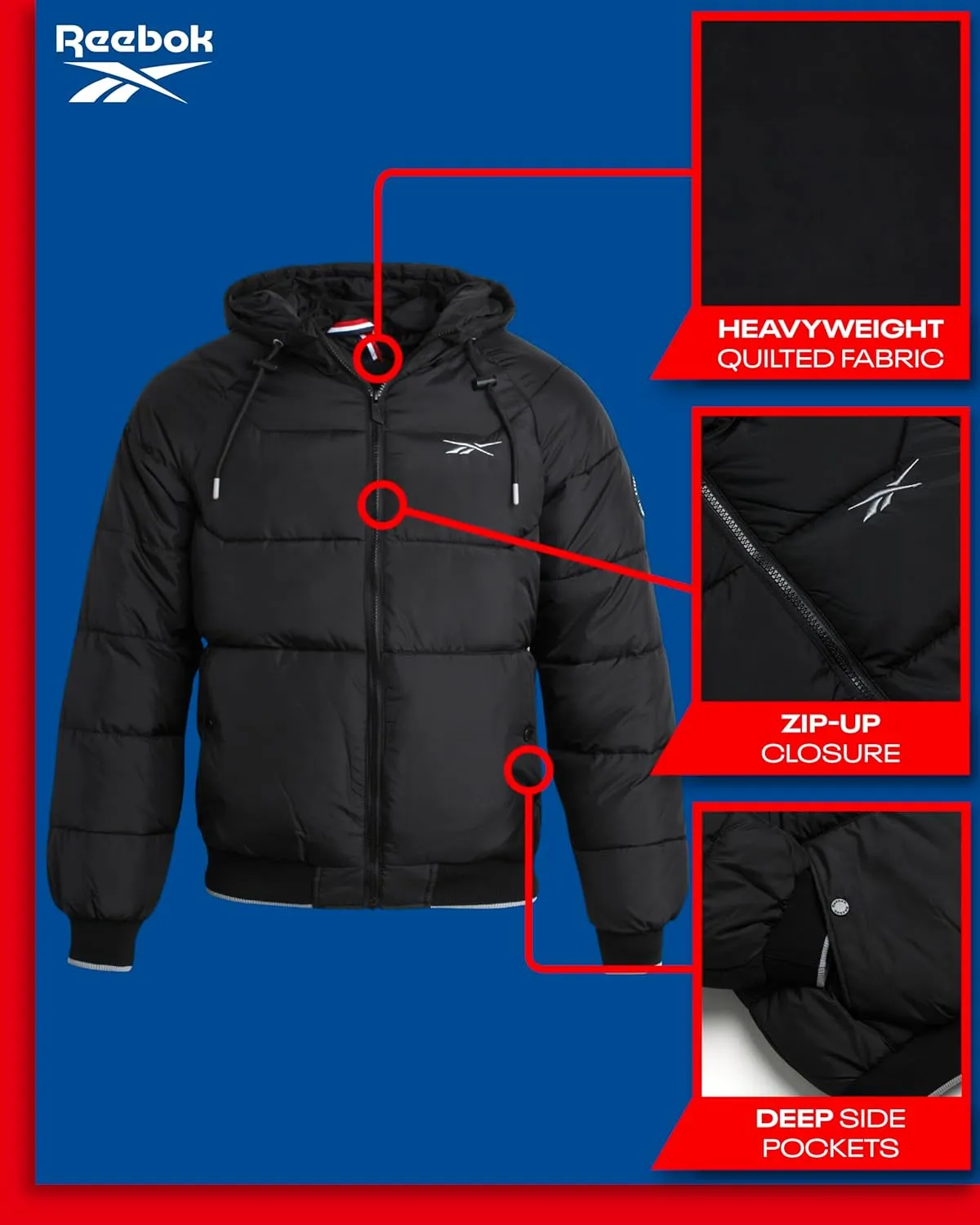 Reebok Men's Puffer Jacket - Heavyweight Weather Resistant Quilted Puffer Coat Rib Cuff - Ski Jackets for Men (Sizes: M-XXL)