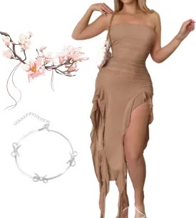 Sweetina Ruched Asymmetrical Hem Tube Dress, Women Summer Elegant Strapless Tube Midi Bodycon Dresses