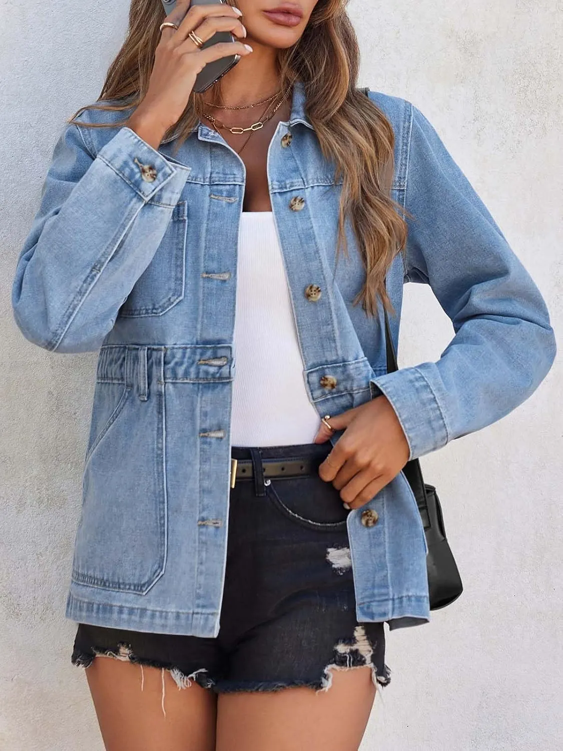 Tankaneo Womens Oversized Denim Jacket Distressed Button Down Boyfriend Jean Jackets 2025 Trendy Shacket