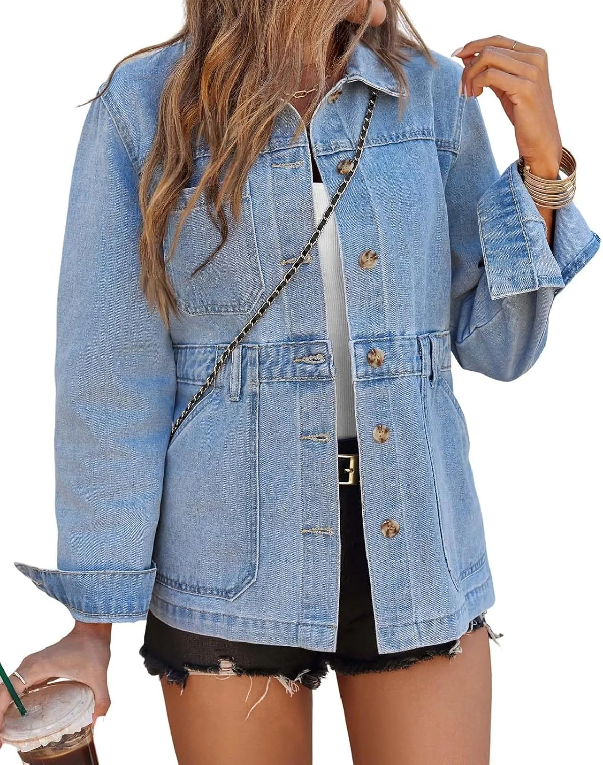 Tankaneo Womens Oversized Denim Jacket Distressed Button Down Boyfriend Jean Jackets 2025 Trendy Shacket
