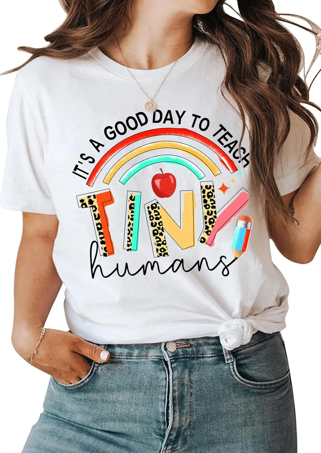 Teacher Gifts Shirt for Women's Teacher Tshirts It's a Good Day to Teach Letter Print Rainbow Graphic Tee Casual Tops