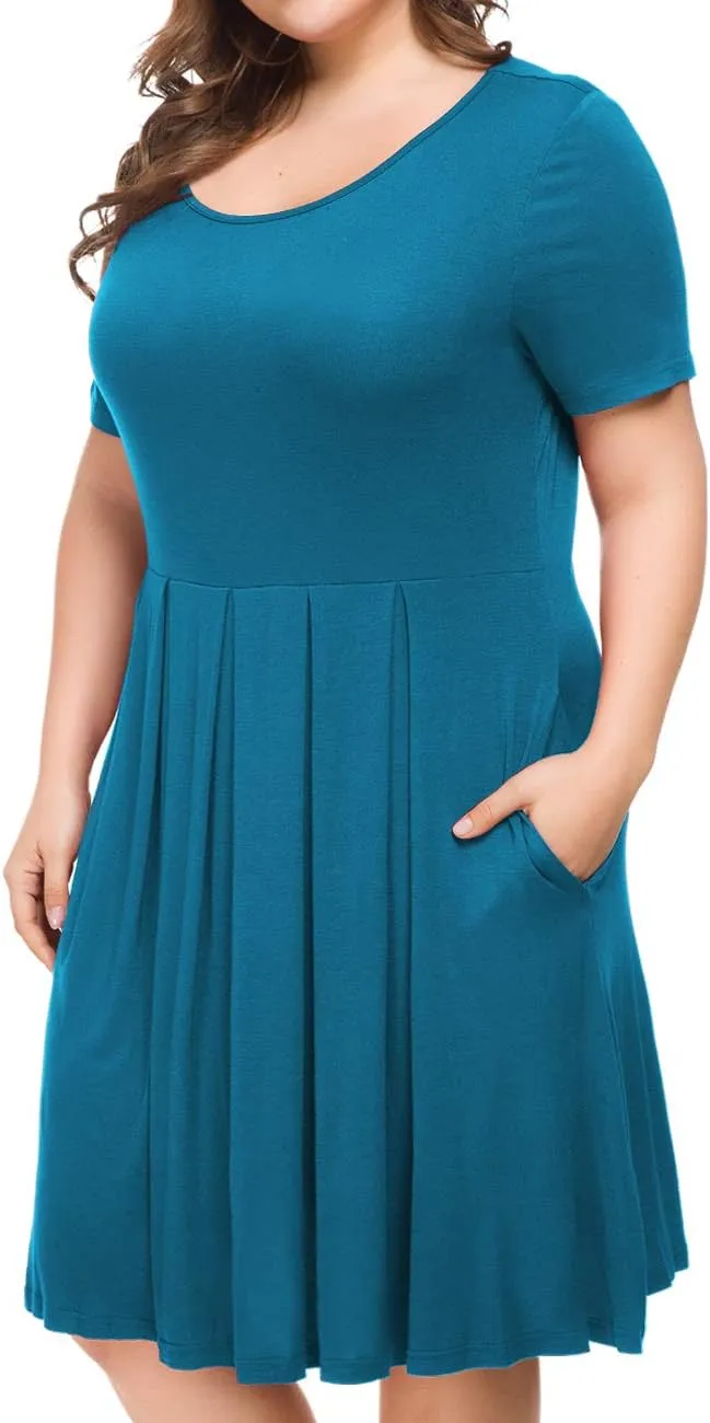 Tralilbee Women's Plus Size Short Sleeve Dress Casual Pleated Swing Dresses with Pockets